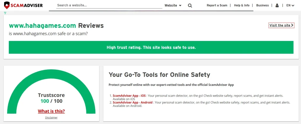 Ha Ha games website is safe and has a high trust rating