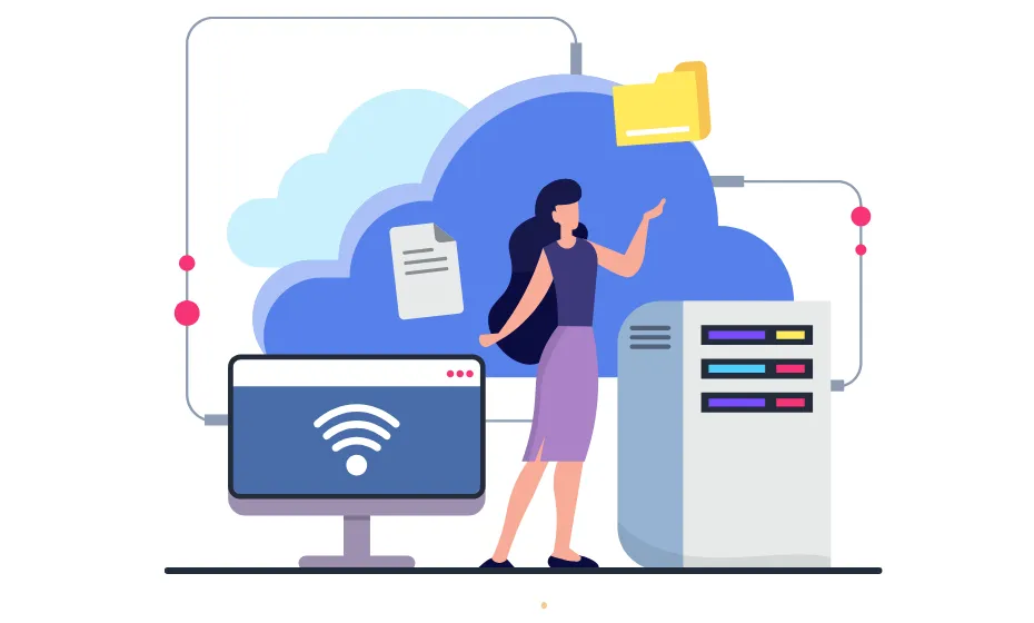 A vector showing a female employee accessing data from cloud storage