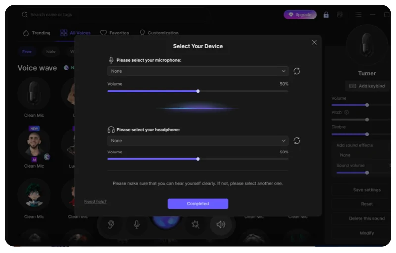 Select the microphone and headphone device