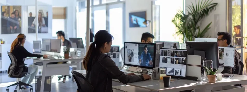 Team collaborates at computer stations with visual search results, highlighting how top enterprise search for AI enables faster and smarter access to business knowledge.