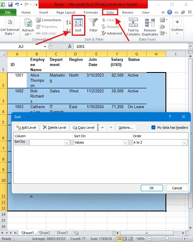 Go to the Data tab and click Sort